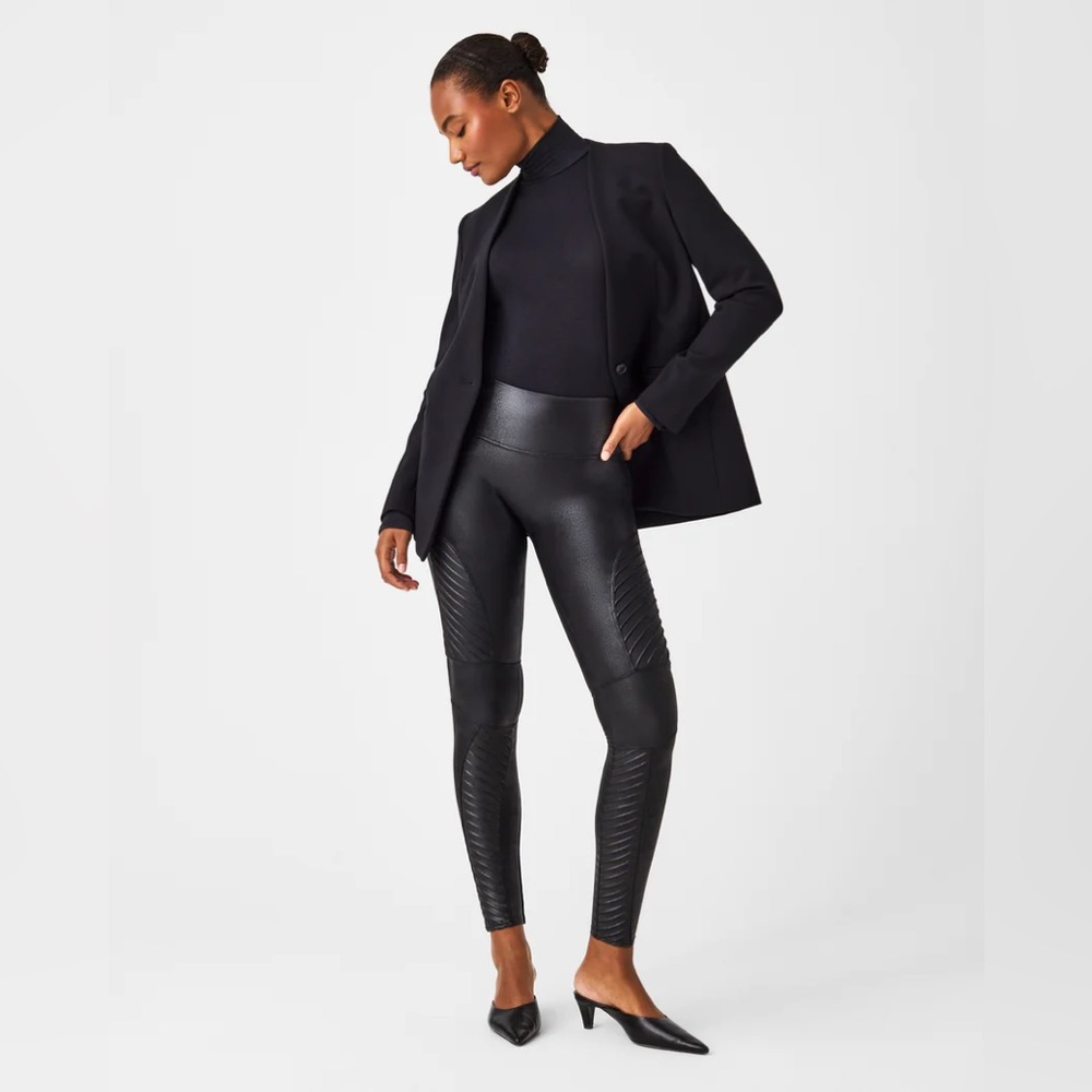 SPANX Faux Leather Black Moto High-Waist Shaping Leggings, size Medium Petite